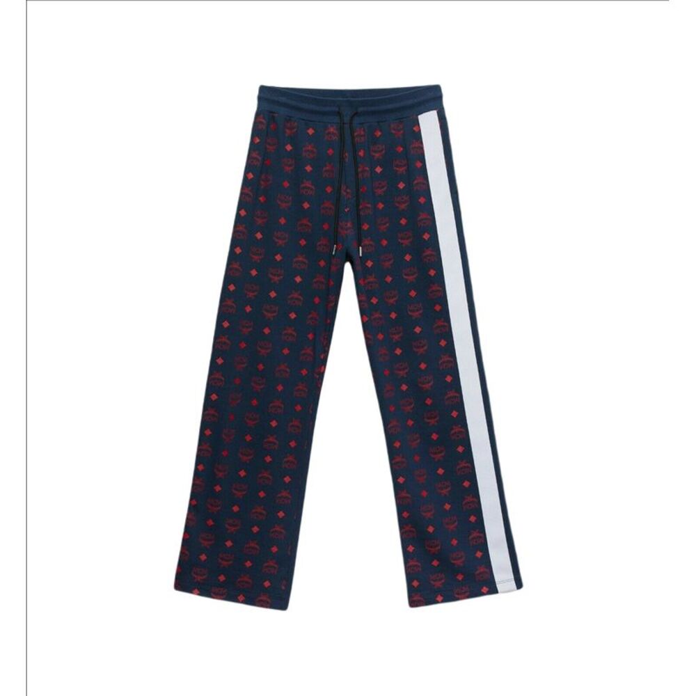 MCM Men's Deep Blue Sea Cotton Monogram and Stripe Sweat Pants (Regular; L)